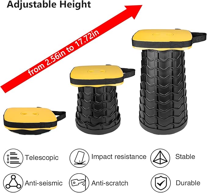 Outward Gear Upgraded Folding Stool Collapsible Portable Chairs Sturdy Heavy Duty 550lbs Load Capacity Telescopic Stool for Camping Travel Hiking (Yellow)