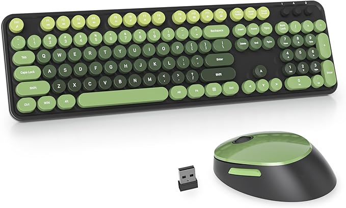 Owpkeenthy Keyboard and Mouse Wireless, Cute Retro Full-Size Cordless Keyboard with Number Pad 2.4 GHz Wireless USB Receiver for Computer (Dark Green)