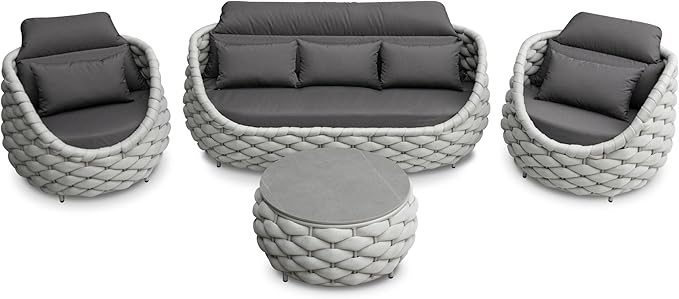 Erotr Rope Patio Furniture Set: 4 Pieces Aluminum Outdoor Couch Set Cushioned - Assembled Conversation Sofa Set Modern - Metal Porch Seating for 5 Person - All Weather for Deck Garden Poolside Hotel