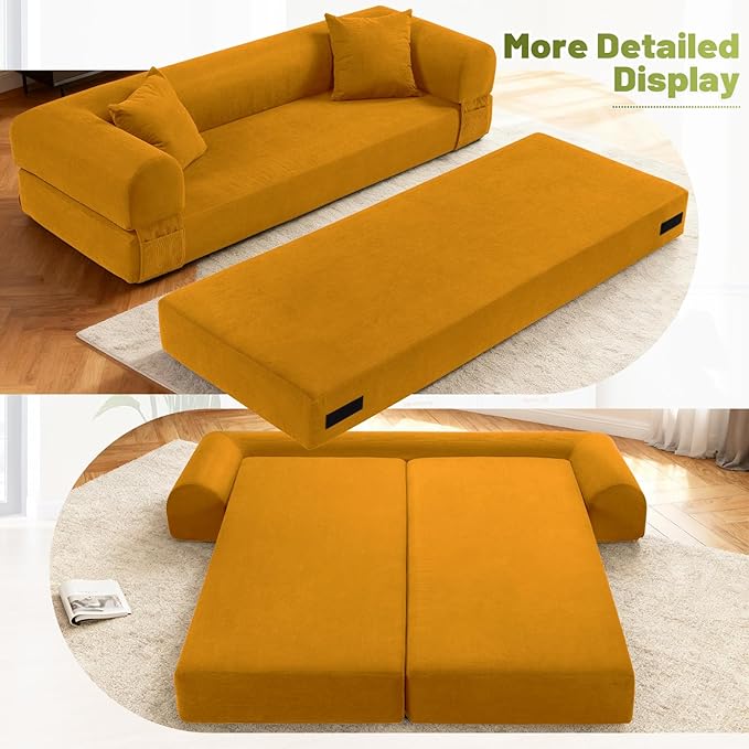 GJQ 80" Convertible Sofa Bed,Corduroy Folding Sleeper Sofa Bed Queen with Pillows & Storage,Modular Pull Out Couches Boneless Couch for Living Room,Compressed Couch in a Box,Yellow