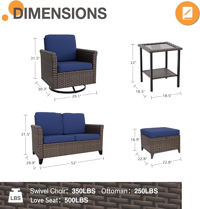 COOS BAY Harbor Retreat 6 Piece Outdoor Furniture Set, Patio Conversation Set with Swivel Rocking Chairs, 2 Seat Loveseat, Side Table and Ottomans, Wicker Furniture, Brown/Blue