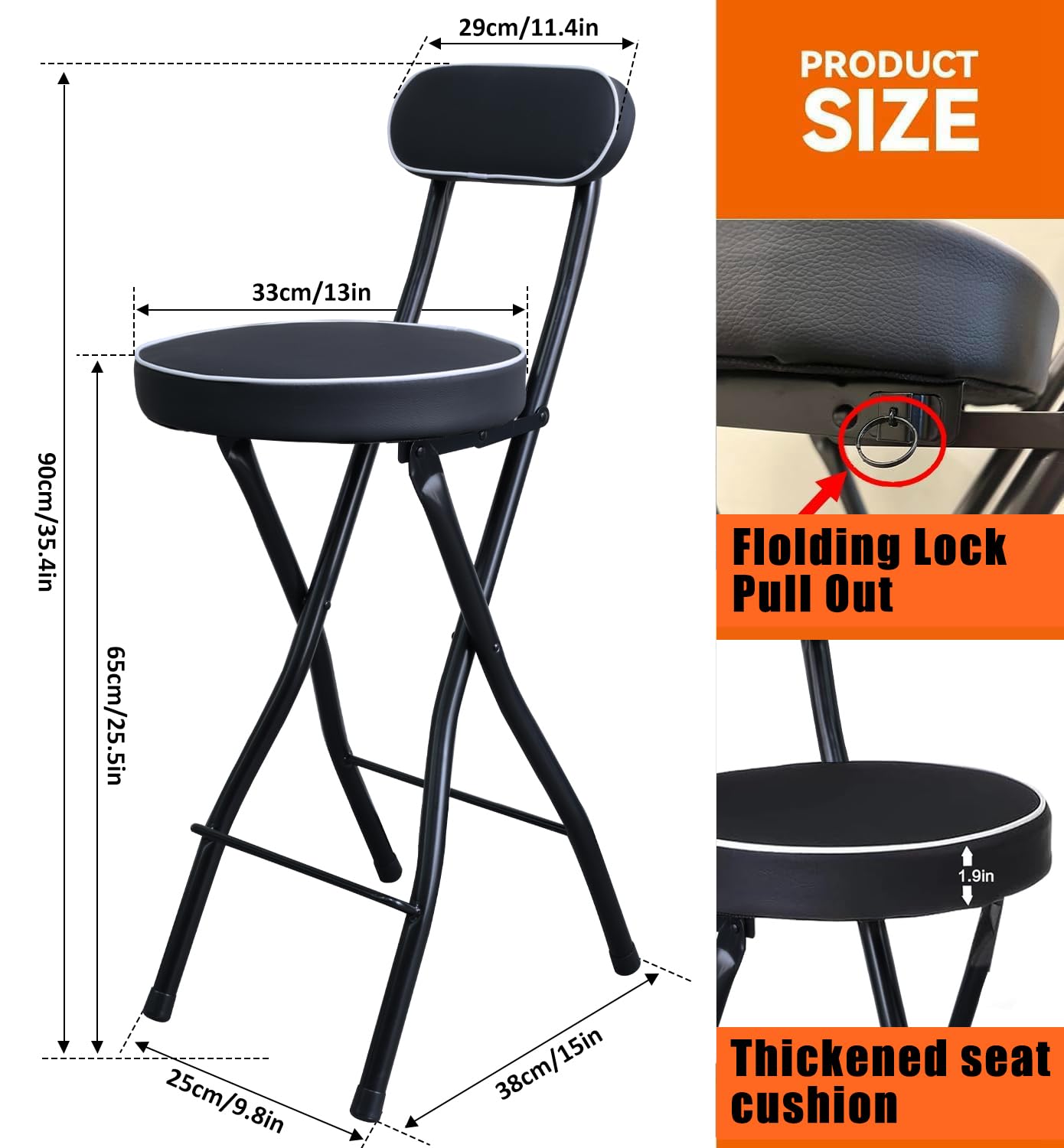 UWEAR Folding Bar Stool with Back,1 PCS Tall Foldable Stool Leather Padded Portable Stools Counter Height Foldable Stools Chairs Collapsible Stool for Adults Kitchen Island (Black)