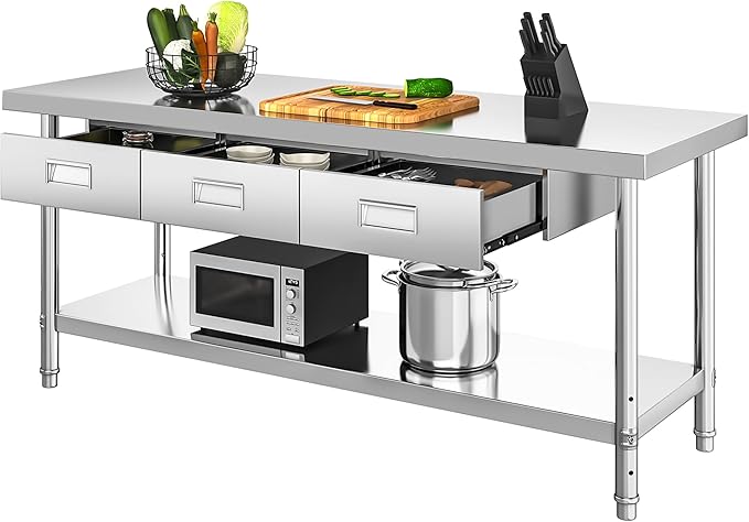 YITAHOME 72" X 24" Stainless Steel Table with 3 Drawers, NSF Work Table with Drawer, Metal Table Prep Table for Home Kitchen Restaurant Garage Warehouse