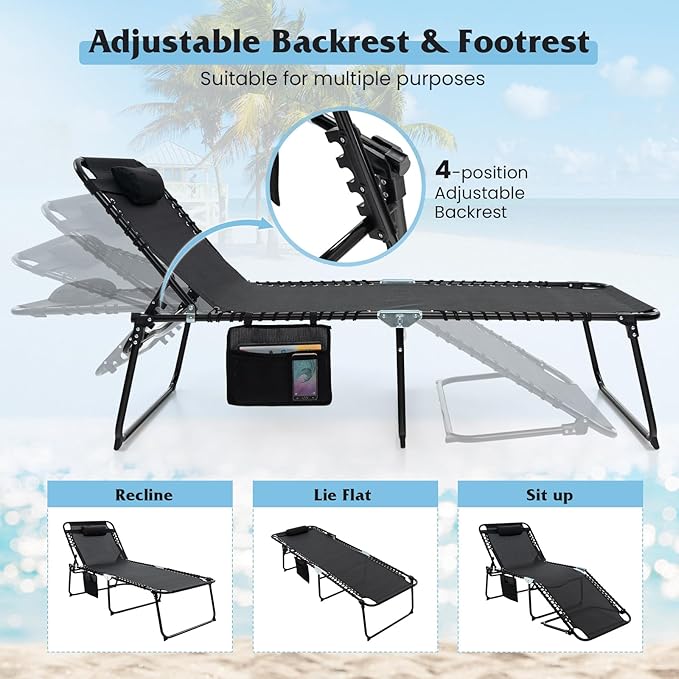 GYMAX Lounge Chair for Outside, 440lbs 27” Oversize Folding Beach Tanning Sunbath Chair with Adjustable Backrest & Removable Pillow, Lightweight Portable Patio Lounger for Lawn Poolside (1, Black)