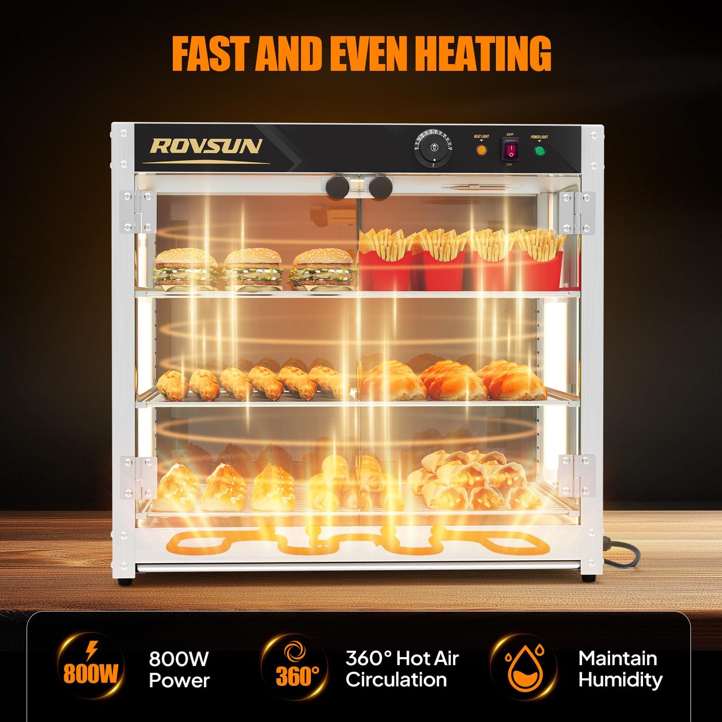 ROVSUN 3-Tier Commercial Food Warmer, 27" Pizza Warmer Food Warmer Display with LED Adjustable Lighting Glass Door Removable Shelves, Countertop Electric Food Warmer for Buffet Restaurant 110V 800W