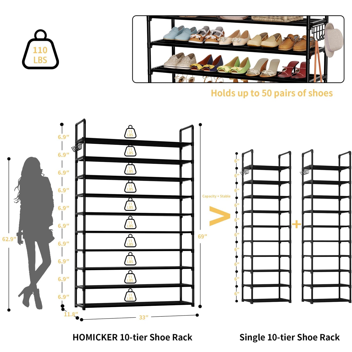 HOMICKER 10-Tier Shoe Organizer - Large Metal Shoe Rack with Hooks, Fits 40-50 Pairs, Ideal for Closet, Entryway, Garage, Bedroom