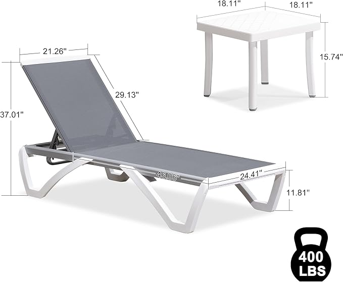PURPLE LEAF Patio Chaise Lounge Chair Set of 3 Outside Aluminum Plastic Stackable Tanning Chairs for Pool Sunbathing Beach Deck Outdoor Lounger, Light Grey