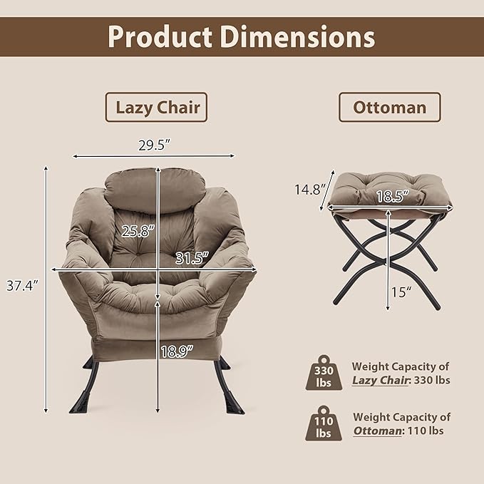 Youtanic Lazy Chair with Folding Ottoman, Accent Chair Velvet Upholstered with Metal Structure and Non-Slip Pads, Sofa Armchair with Footrest and Side Storage Bag for Dorm, Room, Office, Dark Gray