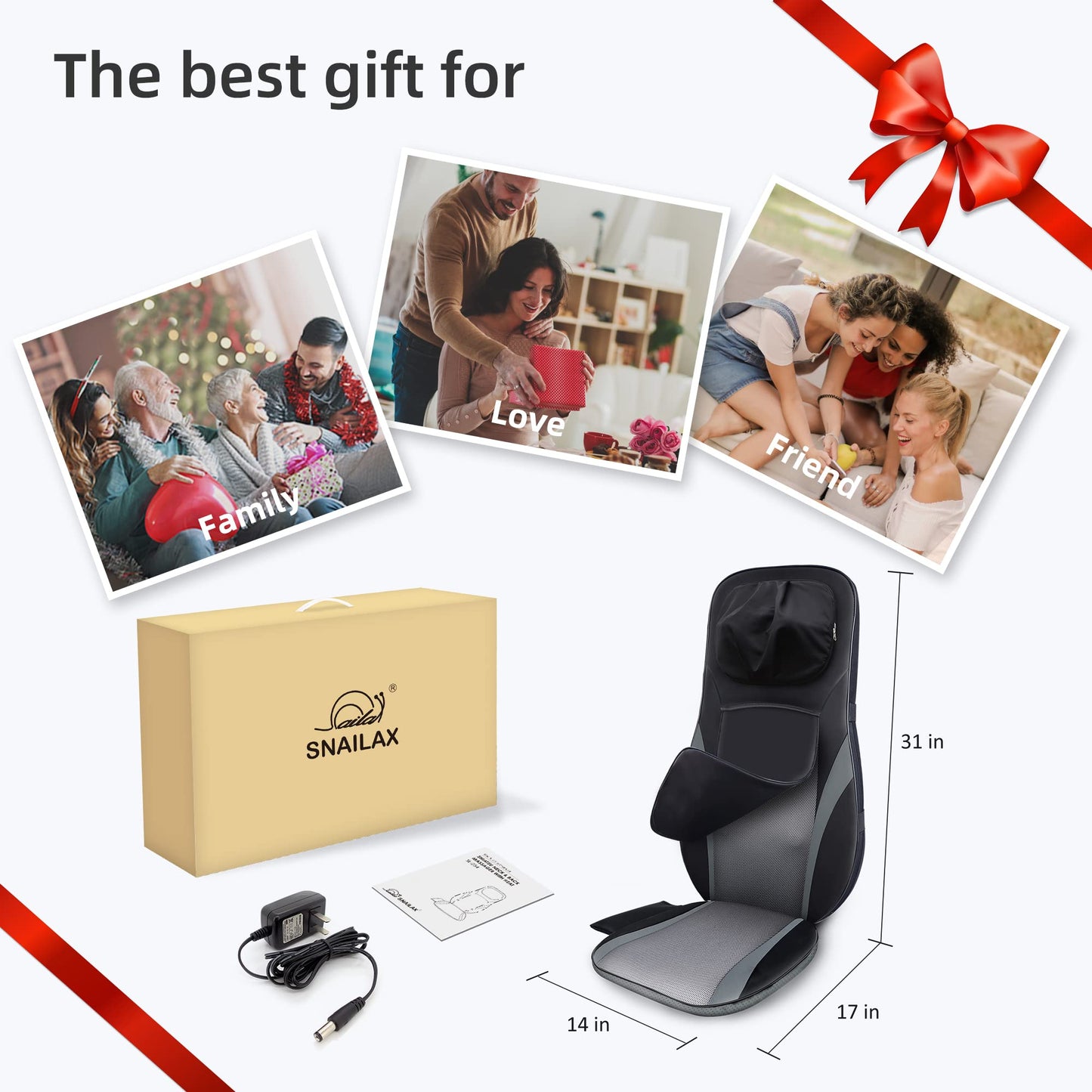 Snailax Shiatsu Back Massager with Heat -Deep Kneading Massage Chair Pad with Adjustable Intensity, Shiatsu Chair Massager to Relax Full Body Muscle，Gift for Mother