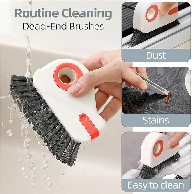 2 PCS 2 in 1 Groove Cleaning Brush (with Hidden Scraper or Mini Dustpan), Multifunction Window Track Cleaner - for Glass Door Tracks, Window Sills, Sliding Doors, Shower Door Tracks (Orange + Grey)