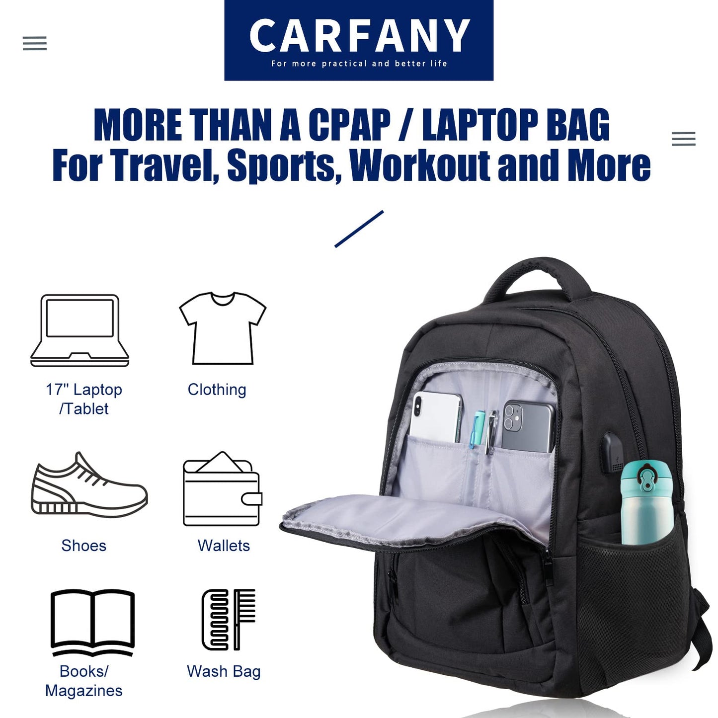 CPAP Backpack 17.32 Inch Lightweight Carrying On Travel Bag for CPAP Machine and Laptop Tablet Women Men Compatible with Resmed Airsense 10 Mini Philips Dreamstation Respironics Resvent Accessories