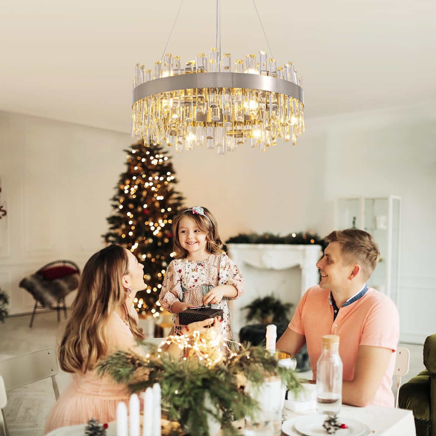 Siljoy Modern Crystal Chandelier 12-Light Brushed Nickel Luxury 2-Tiers K9 Crystal Raindrop Chandelier Dimmable Crystal Ceiling Light for Dining Living Room Kitchen Entryway Foyer D23.6''