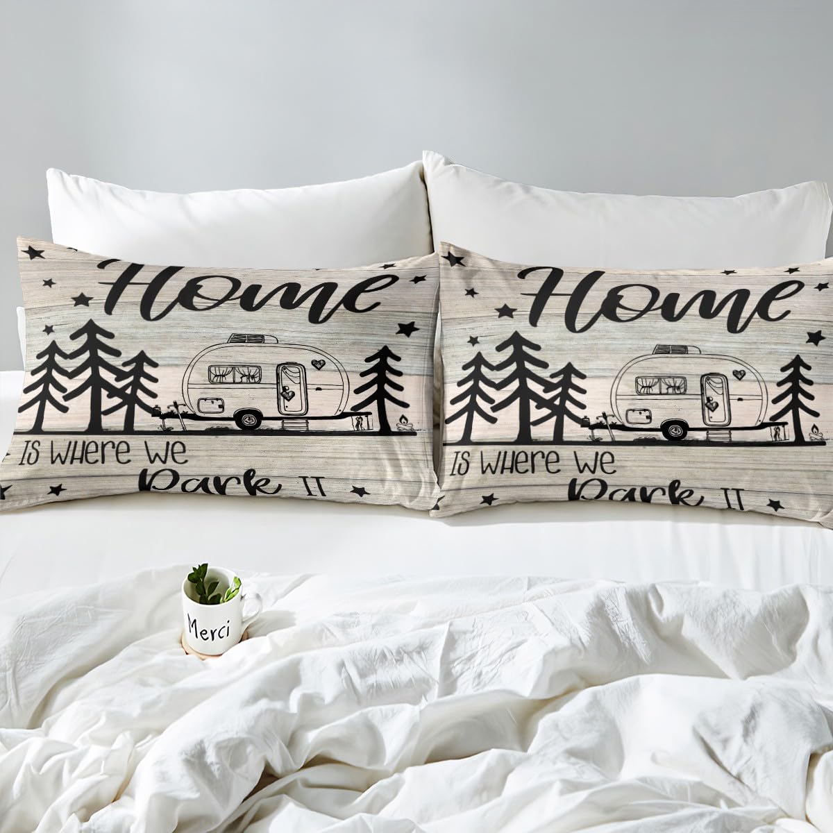 RV Happy Camping Bedding Set Queen Size,Home is Where We Park It Duvet Cover Set for Children Bedroom Present, Rustic Farm Camping Lovers Microfiber Comforter Cover with 2 Pillowcases