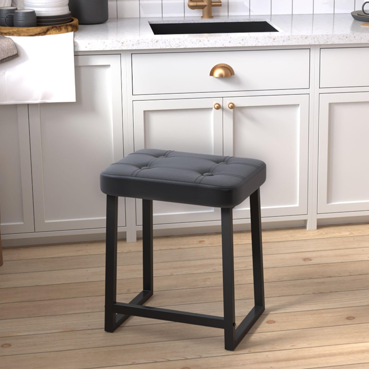 iTsst Vanity Stool Chair, Makeup Stool for Vanity,Small Ottoman Footrest for Living Room, Bathroom, Bedroom, Entryway, Offices，Leather &Metal Legs with Anti-Slip Feet, Black