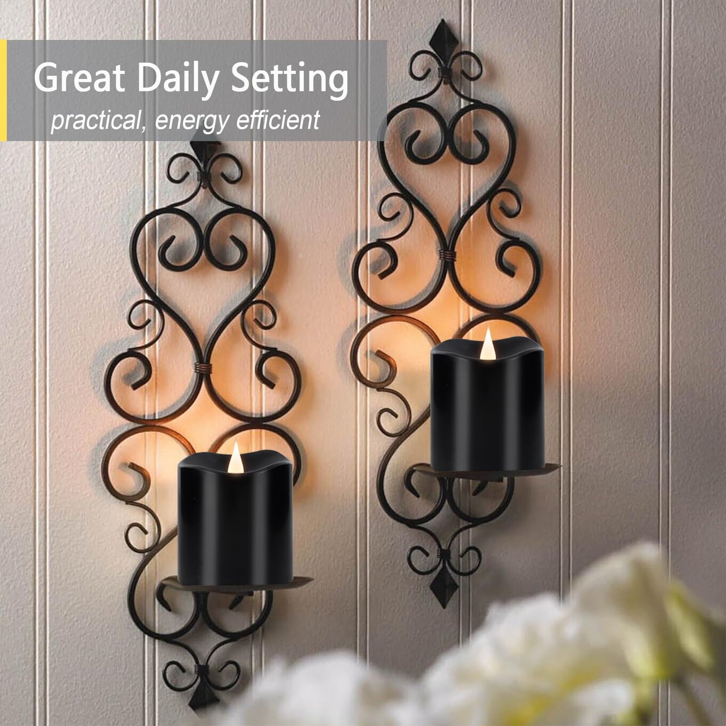 TECHLONG Black Flameless LED Candles, Halloween Candles Battery Operated with Remote Timer, 3D Moving Flame Flickering Last 600+ Hours, 3" x 3" Real Wax Electric Candle for Gothic Home Decor