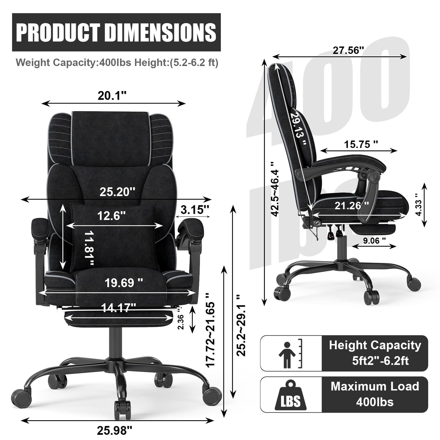 Executive Office Chair with Footrest, Ergonomic Reclining Computer Desk Chair with Adjustable Lumbar Support, 360° Swivel, Breathable Fabric, 400lbs Capacity for Home & Office