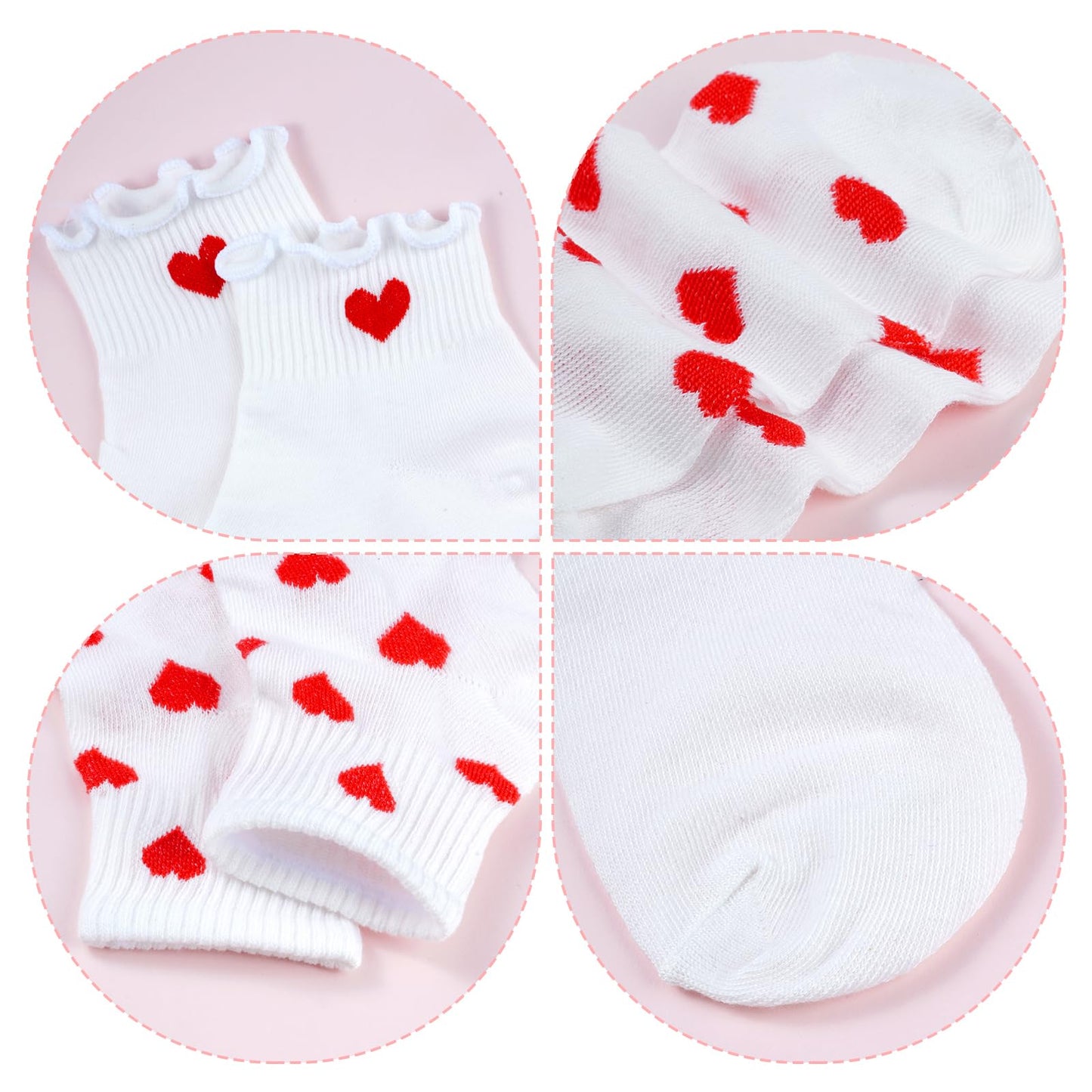 phnydreg 6 Pairs Heart Pattern Ankle Socks Red Heart Ruffle Quarter Socks for Women Girls