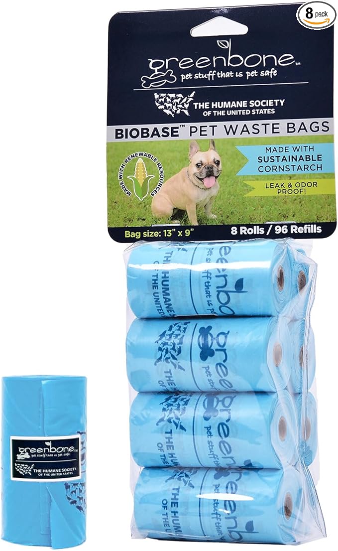 The Humane Society by Greenbone Biobase Pet Poop Bags - 8 Rolls - 96 Refills - Made with Corn Starch - Leak Proof 13 Inch x 9 Inch
