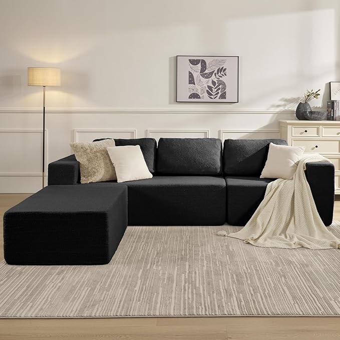 Furnify 106" Modular Sectional Couch Left/Right Facing Convertible, L-Shape Modern Teddy Sofa, Deep Seat Upholstered Foam Couch for Living Room Bedroom, No Assembly Required (Black, Teddy Boucle)