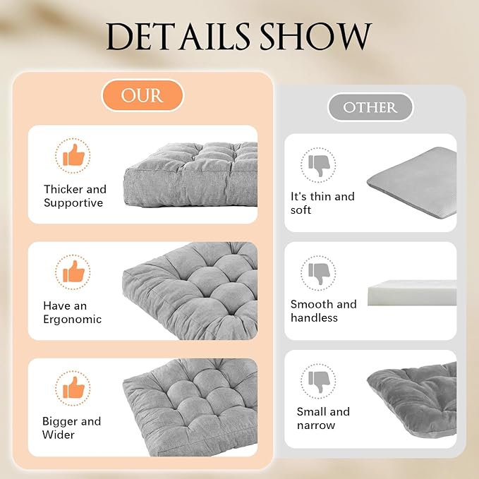 LYLNBYWK Meditation Floor Cushions Set of 2, Thickened Floor Pillow for Adults, Large Square Pillows Seat Cushion for Tatami Living Room Yoga, Memory Sponge Block Added, 22x22 Inch, Grey