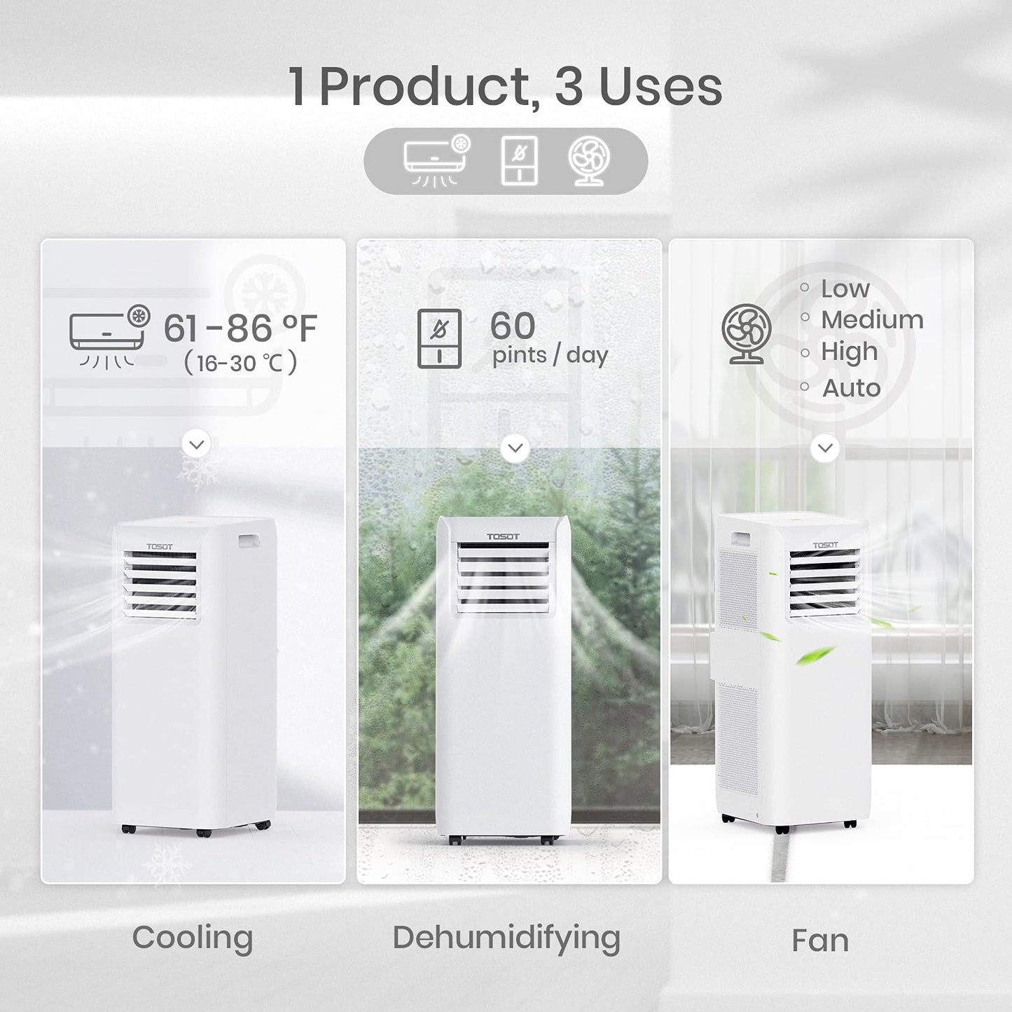 TOSOT 9,500 BTU Air Conditioner Easier to Install, Quiet and 3-in-1 Portable AC, Dehumidifier, Fan for Rooms Up to 300 sq ft, Aovia Series, White
