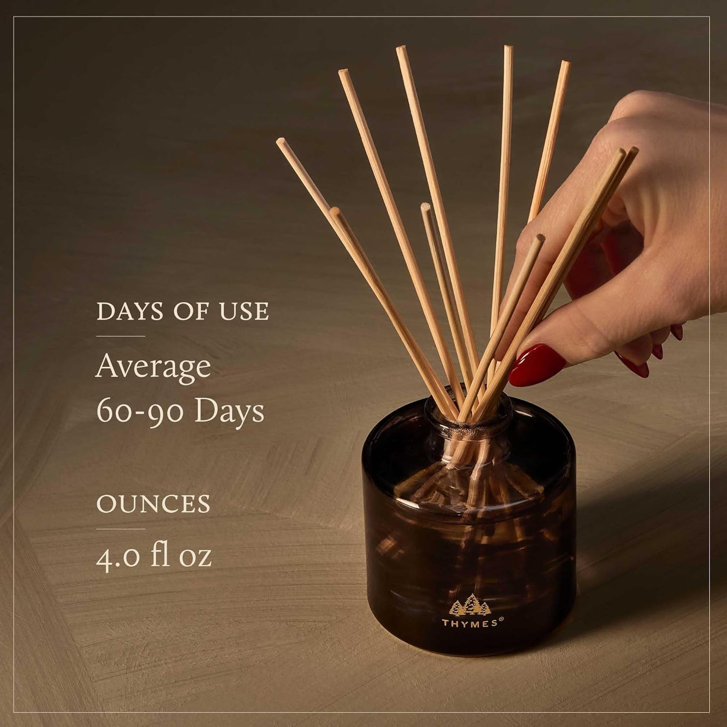 Thymes Petite Oil Reed Diffuser Set – Includes Reeds, Fragrance Oil & Glass Bottle – Luxury Scent Diffusers for Home Decor –Fresh Evergreen, Smoky Wood & Golden Amber (Noir Woods, 4 fl oz)