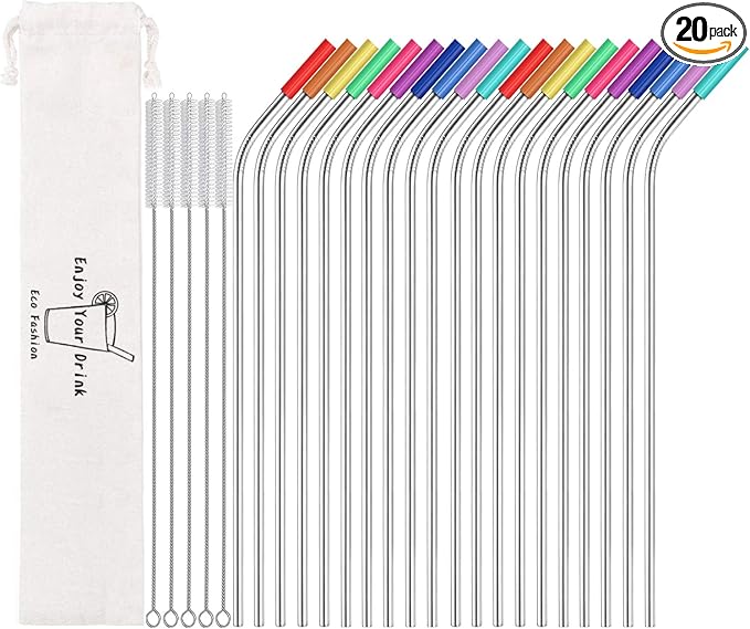 MUTNITT Set of 20 10.5" Reusable Bent Stainless Steel Straws with 20 Silicone Tips 5 Cleaning Brush 1 Travel Case Eco Friendly Extra Long Metal Straw Drinking for 20 24 30 oz Tumbler