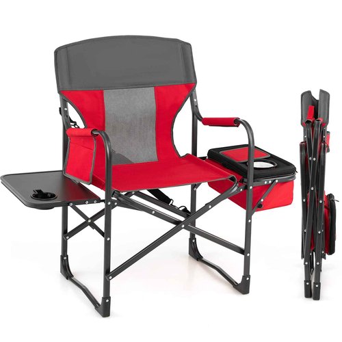 Giantex Camping Chair with Side Table, Storage Pocket, Cooler Bag, Shoulder Strap, Handle, Support 400 Lbs Folding Directors Chair for Artist Makeup Lawn Fishing Picnic, Red