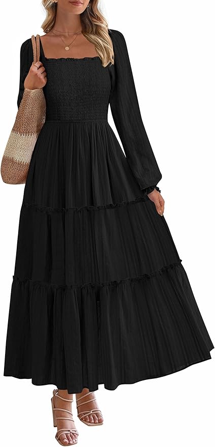 PRETTYGARDEN Spring Dresses for Women 2026 Casual Long Sleeve Smocked Ruffle Flowy Elegant Wedding Guest Maxi Dress Pockets