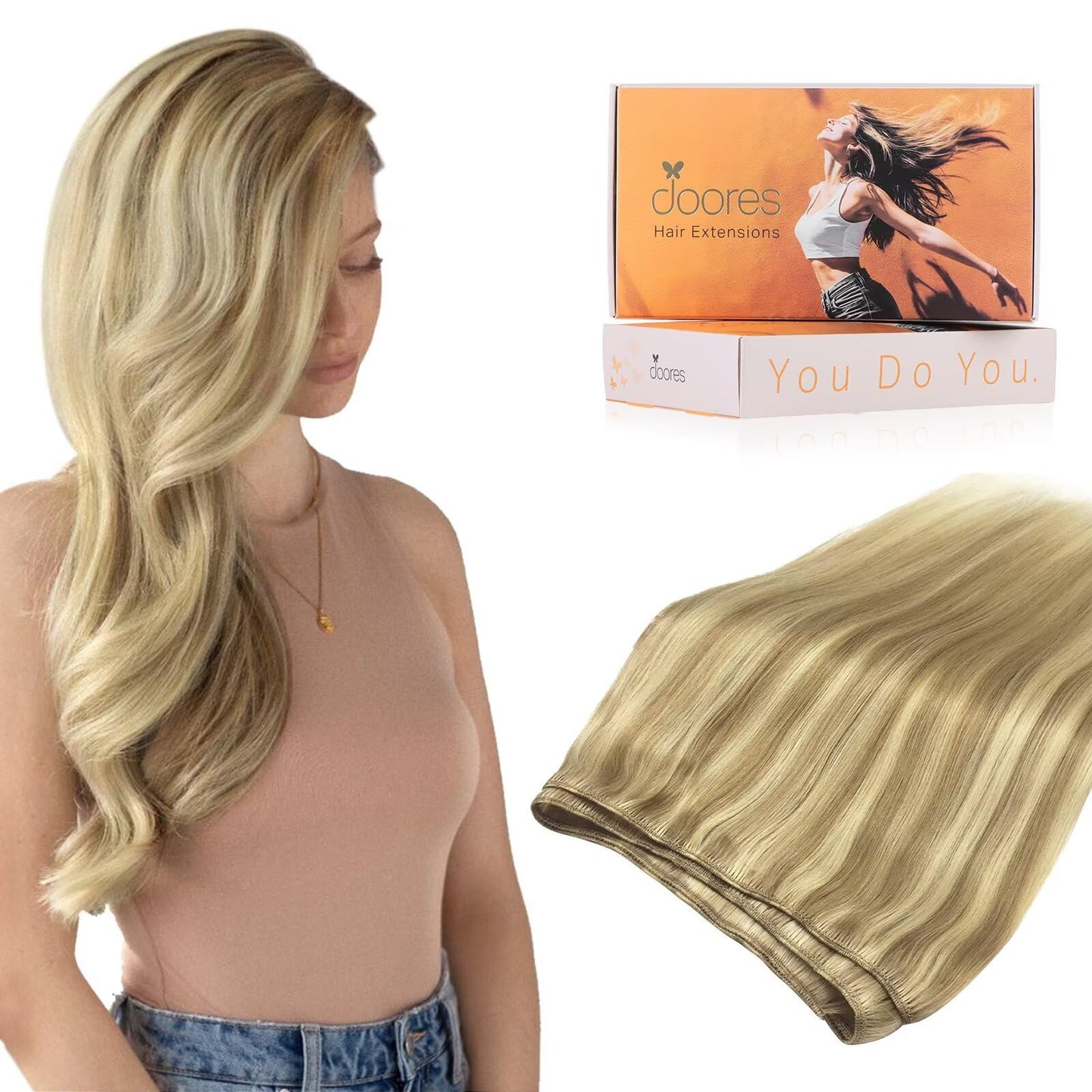 DOORES Weft Hair Extensions Human Hair, Light Blonde Highlighted Golden Blonde 16 Inch 100g Sew in Straight Natural Weave for Fu