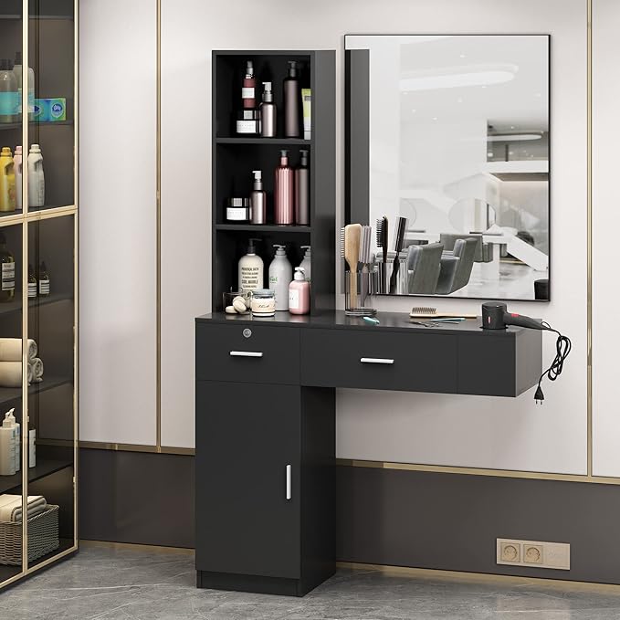 Beauty Salon Barber Station,Wall Mounted Hair Styling Salon Station with 3-Tier Shelf,Hair Salon Spa Equipment with Storage and Cabinet,Black