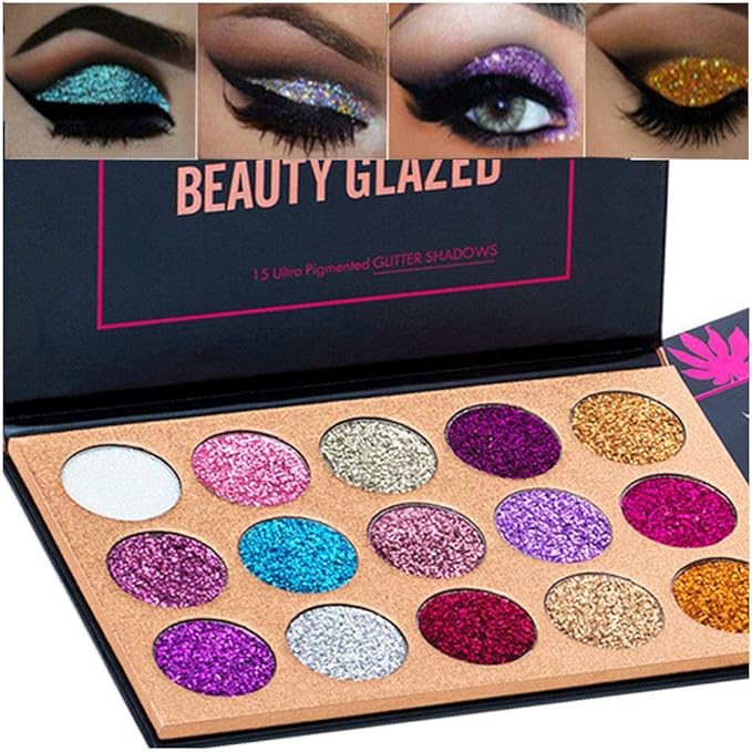 BestLand 15 Colors Glitter Eyeshadow Palette Shimmer Ultra Pigmented Makeup Eye Shadow Powder Long Lasting Waterproof Holi...
