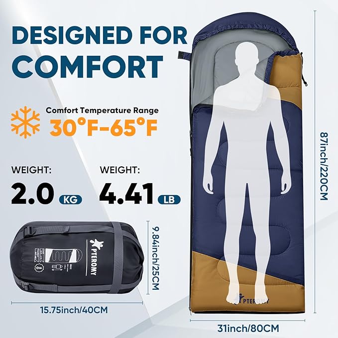 PTEROMY Sleeping Bags for Adults, Lightweight and Machine Washable, Water Resistant Backpacking Camping Sleeping Bag for Warm Cold Weather, Camping Essentials for Hiking Travel