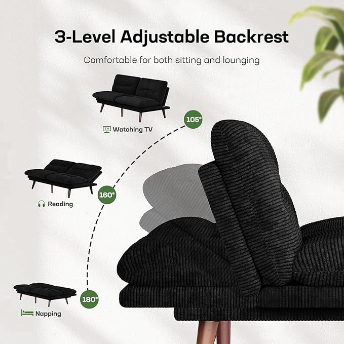 Marsail Futon Sofa Bed, 66” Futon Couch with Adjustable Backrest & Armrests, Convertible Small Sleeper Sofa Bed for Small Apartments, Study Room, Office, Corduroy Loveseat, Black