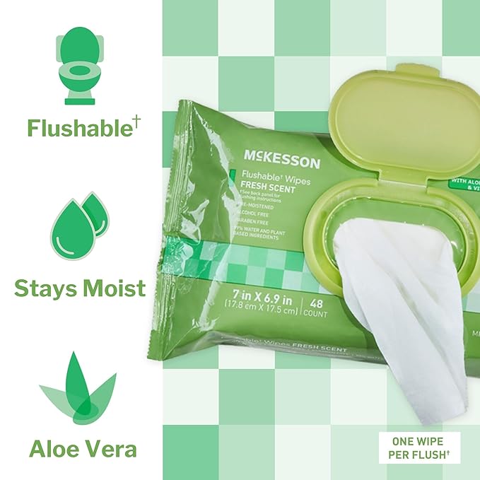 McKesson Flushable* Adult Wet Wipes – 144 Wipes (3 Pack of 48) – Aloe & Vitamin E, Plant-Based Cleansing Wipes, Scented