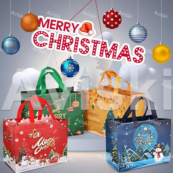 4PCS Christmas Gift Bags,Christmas Tote Treat Bags with Handles, Bags, Non-Woven Bags for Gifts Wrapping Shopping, Xmas Party Supplies