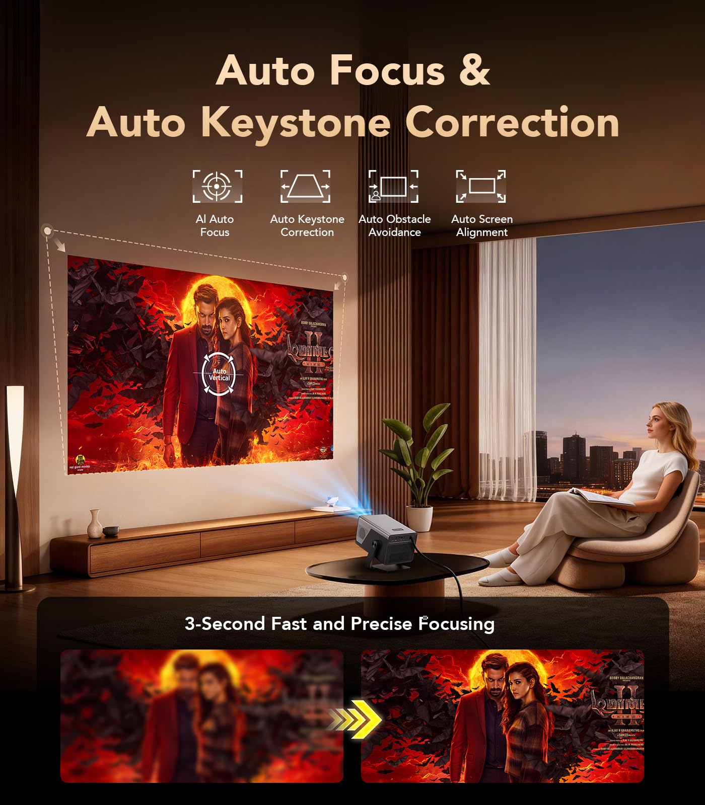 X7 4K Smart Projector with WIFI 6 and Bluetooth, Support 800 ANSI, Android 14, Auto Focus Auto Keystone, Screen Recognition Obstacle Avoidance, 230° Rotatable Outdoor Projector for Bedroom office Camp