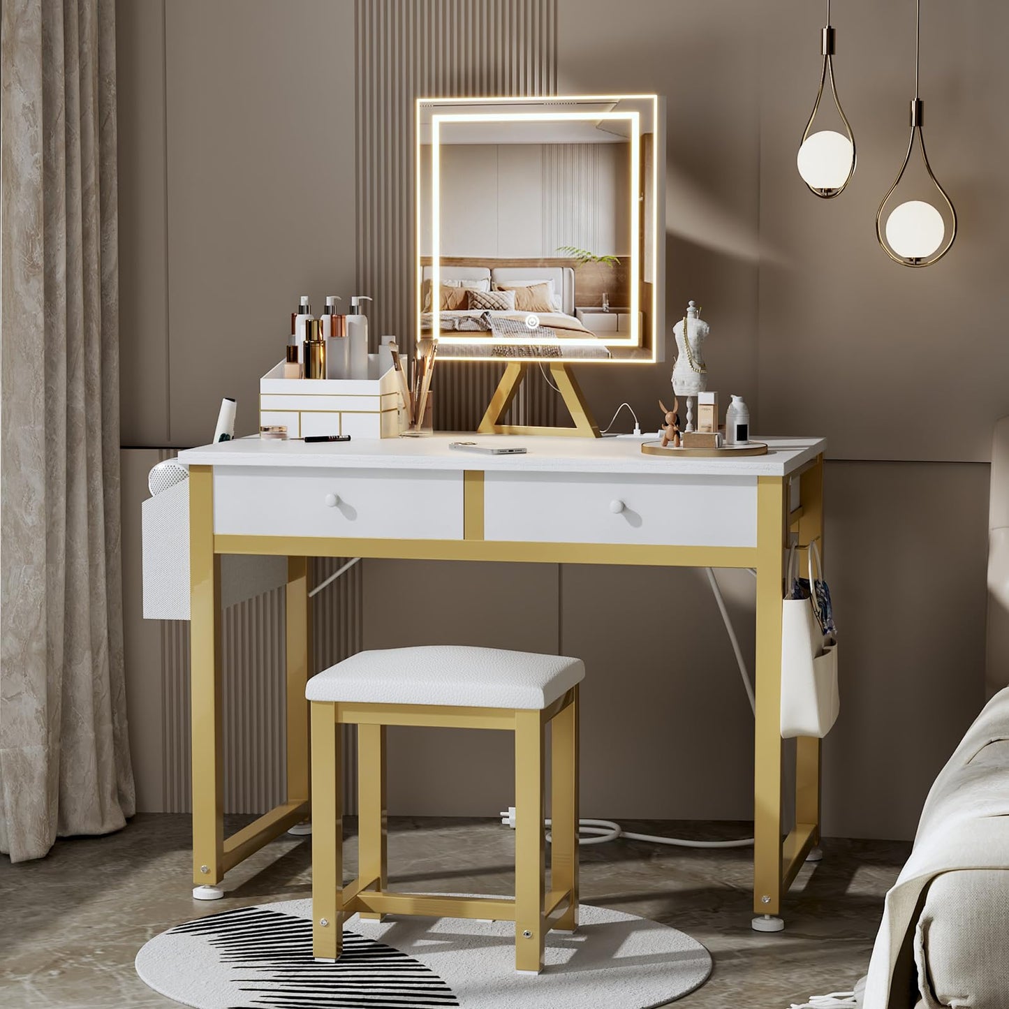 Lufeiya Small Makeup Vanity Desk with Mirror and Light, 32 inch White Vanity Desks Sets with Fabric Drawers for Girls Teen, Dressing Table and Chair Set with Power Outlet for Bedroom, White Gold
