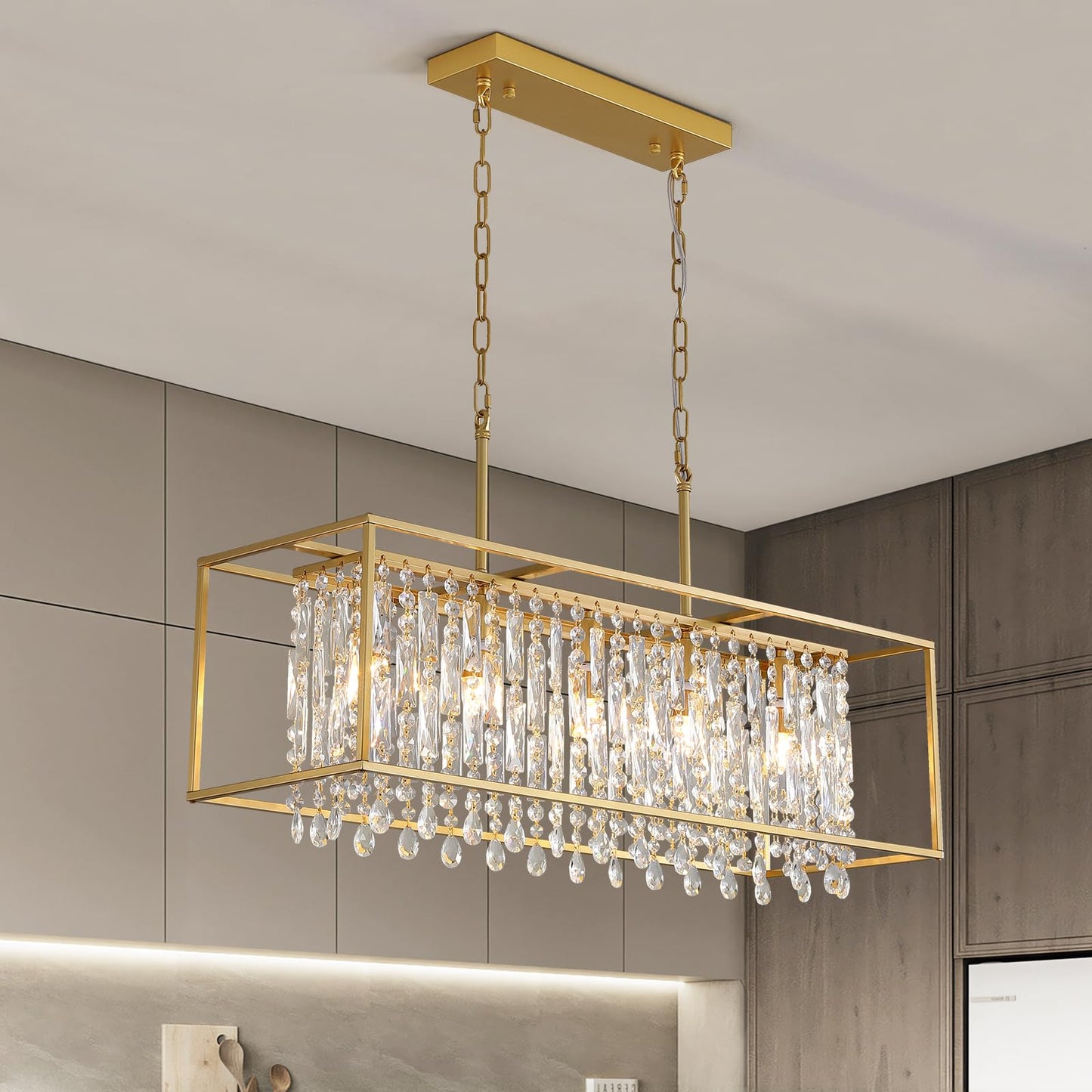 Siljoy Rectangular Gold Crystal Chandelier for Dining Room, 5-Light Modern K9 Crystal Raindrop Chandelier Luxury Crystal Pendant Ceiling Light for Living Room Kitchen Island L35.4'' x W11'' x H12''