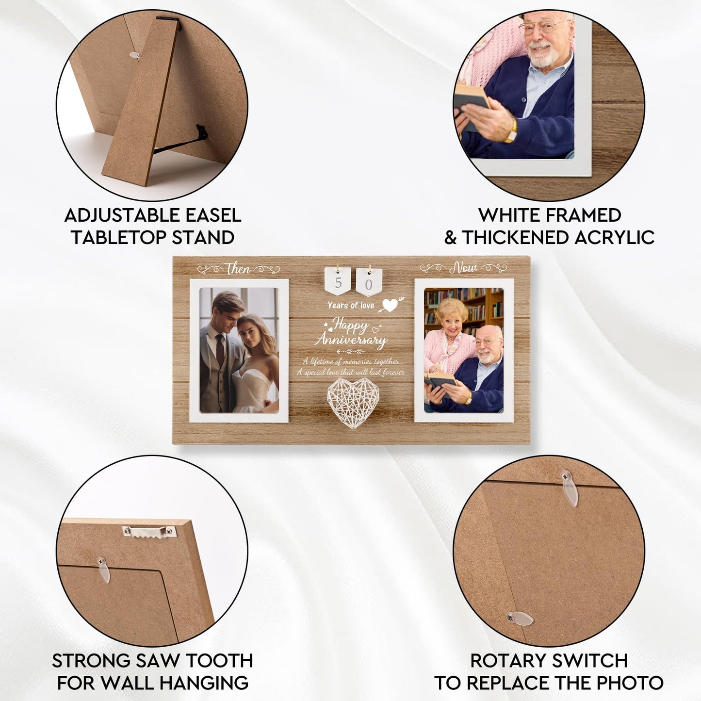 Calibron Then & Now Anniversary Wedding Gifts for Couples,1-99 Years Anniversary Picture Frame, Bridal Shower Photo Frame Holds 2pcs 4x6 Pictures