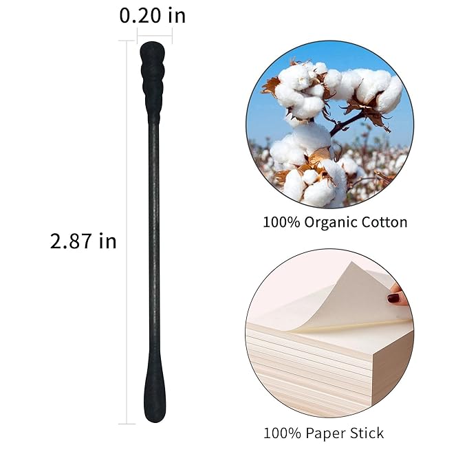 Black Cotton Swabs Spiral - 400 Count Organic Cotton Buds Double Side Tightly Wrapped Charcoal Cotton Tips Paper Stick Soft Gentle Cruelty-Free Lint-Free Goth Bathroom, Round & Spiral (Black)