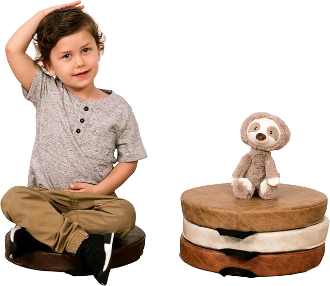 Factory Direct Partners Rustic Kid 15 inch Round Floor Cushions with Handles, Distressed Faux Leather, Flexible Seating for Home, Playroom, Montessori, Daycare, Classroom (4-Piece), 12223-DA