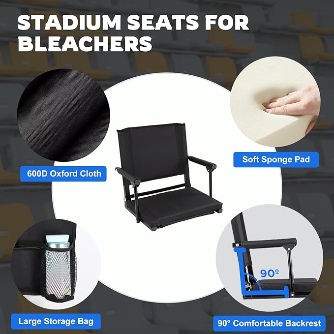 FAHKNS 2 PCS Stadium Seats for Bleachers - Stadium Seats with Back Support，Multifunctional Outdoor Stadium Chair with Shoulder Straps/Storage Pockets/Concealed Hooks for Sports Events