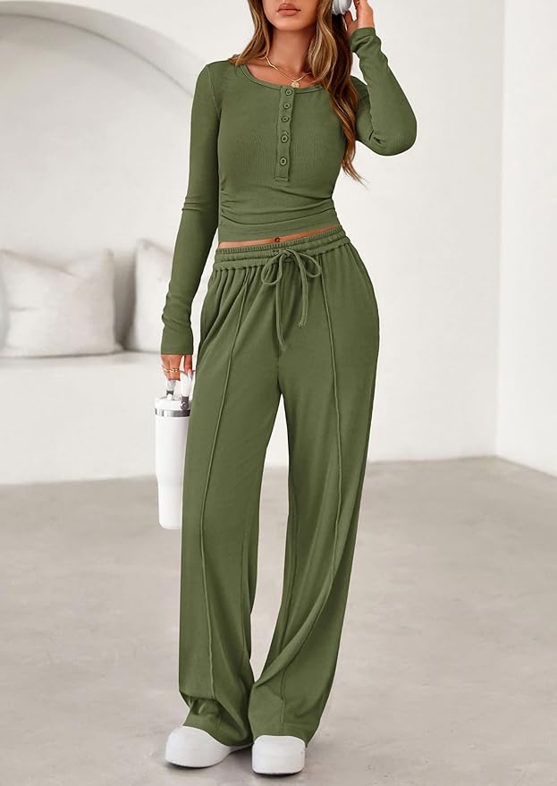 PRETTYGARDEN Women's 2026 Fall Trendy 2 Piece Outfits Lounge Sets Long Sleeve Top Henley Shirts Wide Leg Pants Travel Clothes