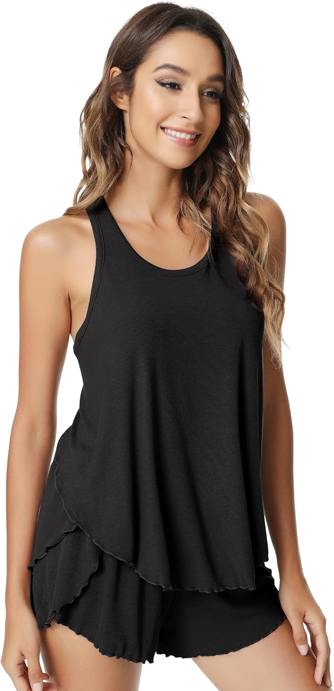 NACHILA Pajamas for Women-Viscose from Bamboo, Ribbed Racerback Tank Top Sexy Split Shorts Pajama Sets Cooling Sleep Cami Pjs