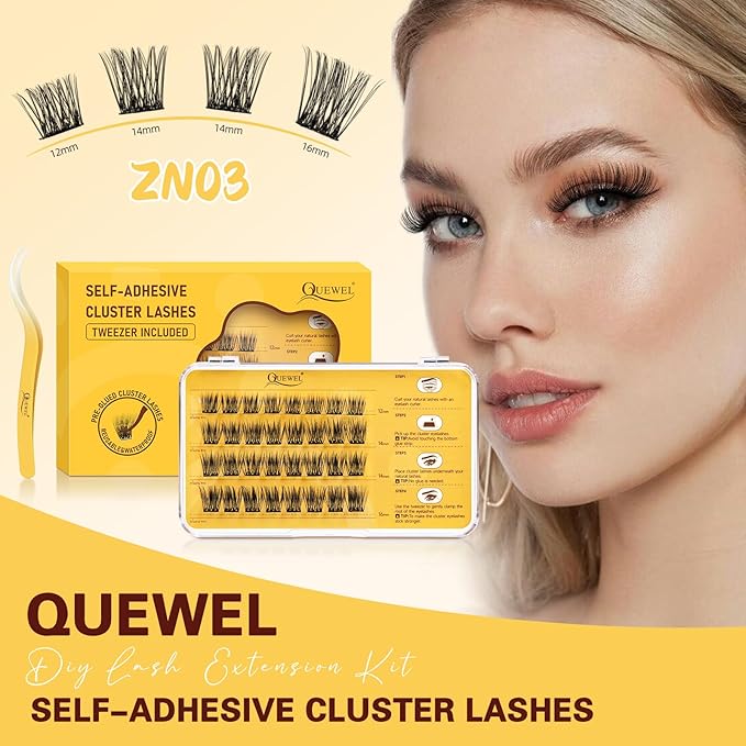 QUEWEL Self Adhesive Eyelashes Natural Look, No Glue Needed Lash Clusters with Eyelash Clusters Tweezer, 32 Pcs Reusable Lashes Self Adhesive for Beginners, DIY Lash Extensions for Home Use(ZN-03)