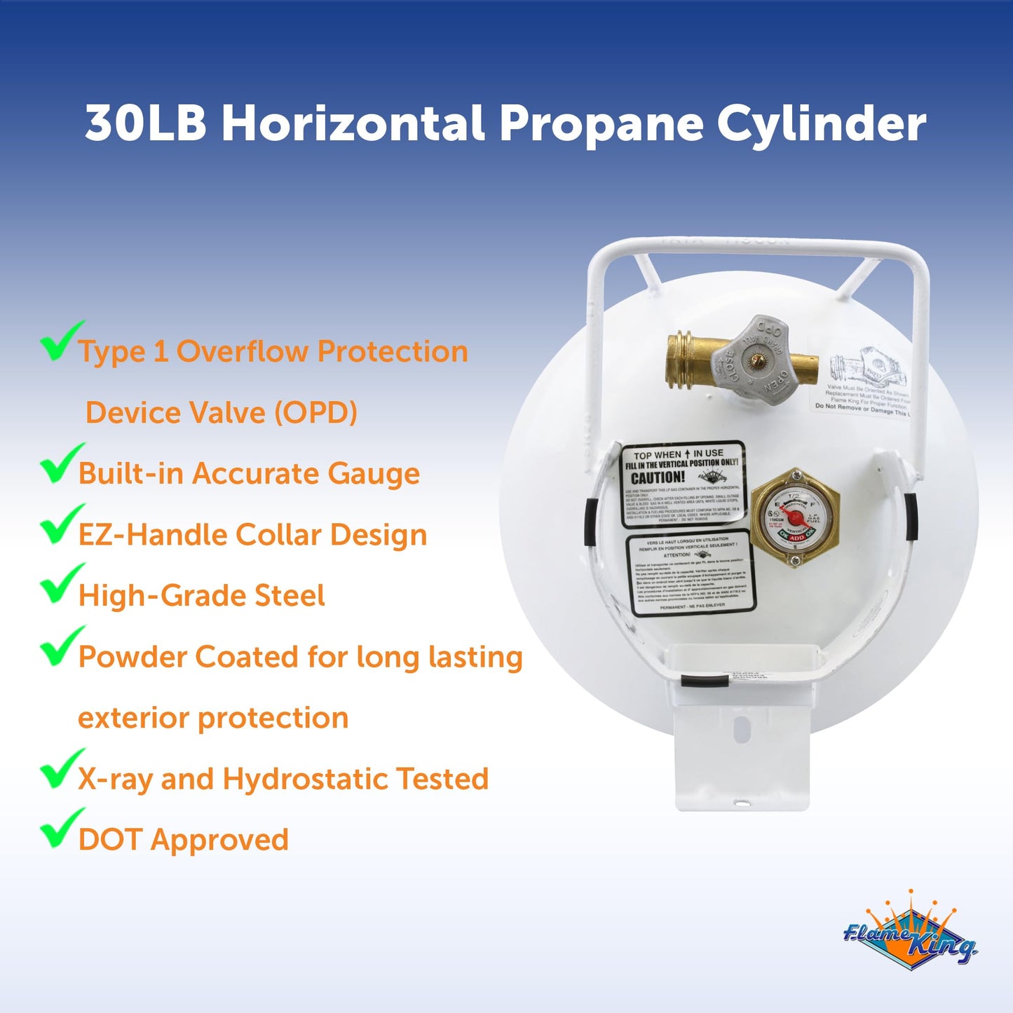 Flame King YSN301HZL 30lb Steel Horizontal Propane Tank Cylinder for Fire Pit Tables, Patio Heaters, Barbeques, RVs, and Truck Campers, 30-Pound, White