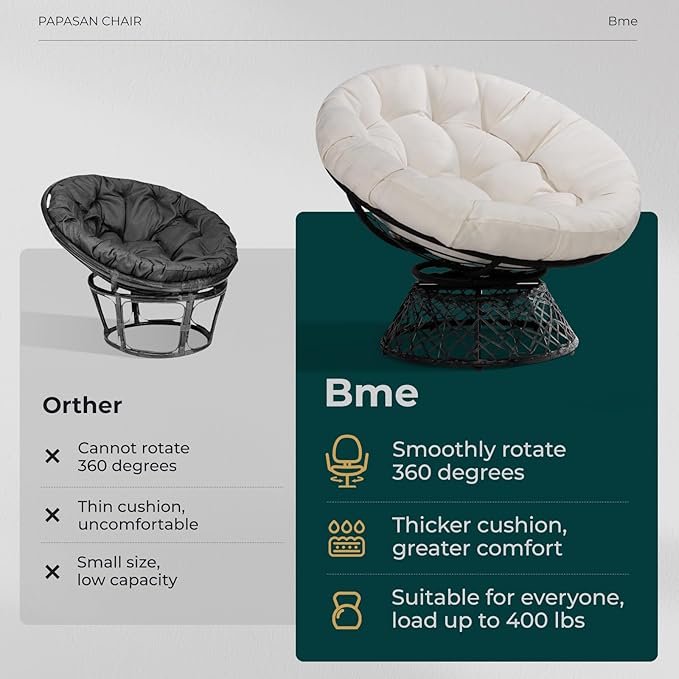 Bme 40" Ergonomic Wicker Papasan Chair with Soft Thick Cushion & Frame, 360° Swivel, Circle, Reading, Comfy Chair for Living Room, Bedroom