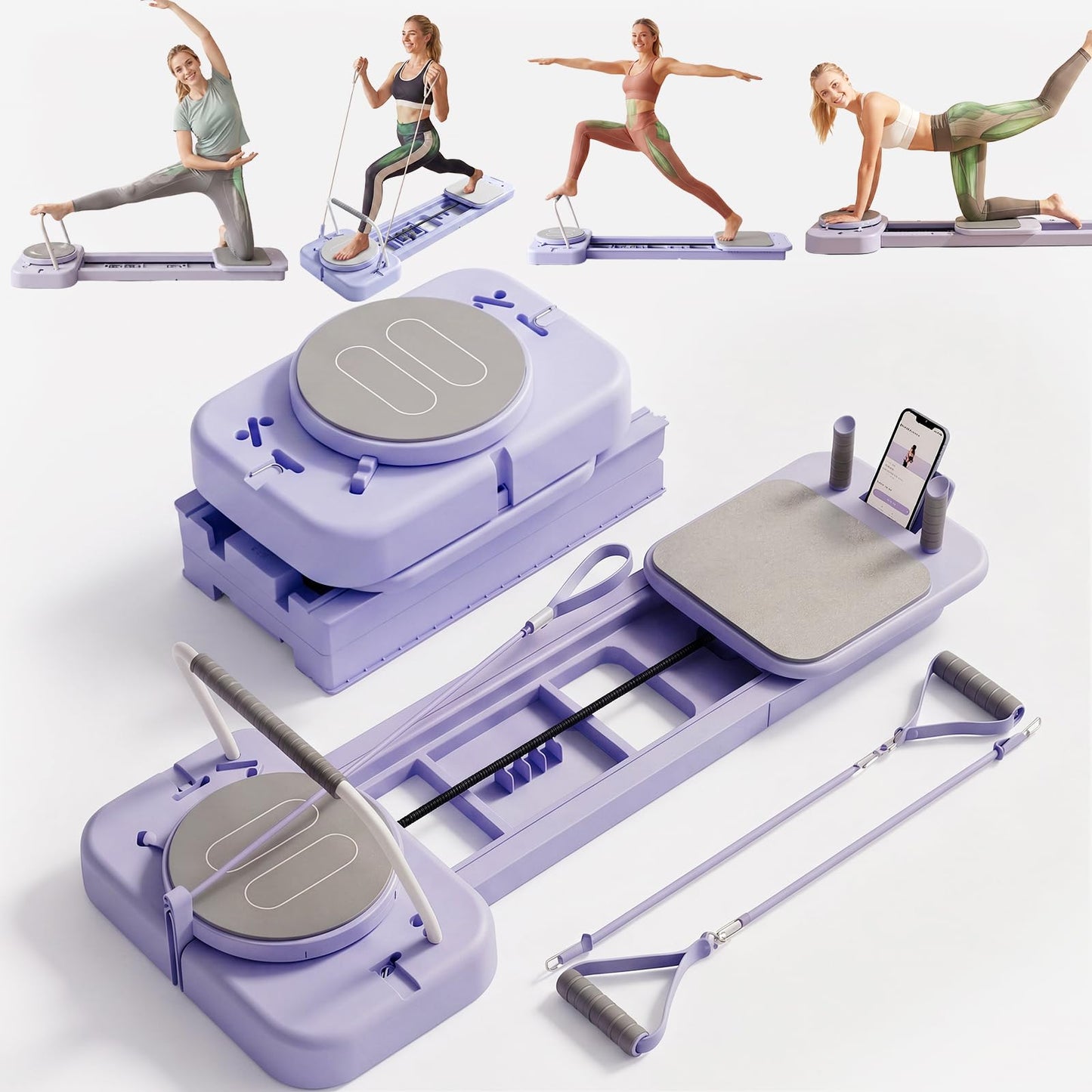 Pilates Board, Foldable Pilates Reformer Set for Home Workout, Multifunctional Portable Compact Reformer Pilates Machine at Home All in 1 Workout Sliding Pilates Equipment (Purple)