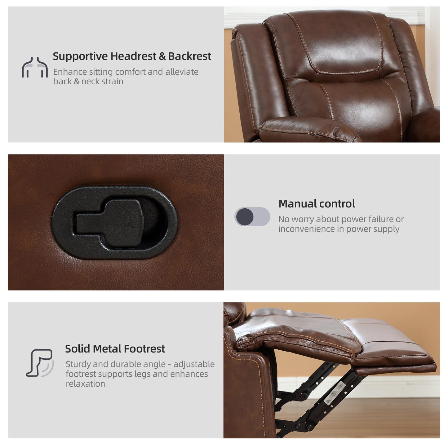 EBELLO Genuine Leather Recliner Manual Chair for Living Room, 1 Seater Reclining Sofa Chair with Headrest and Armrest, Modern Durable Home Furniture for Small Space, Meeting Room, Vintage Brown